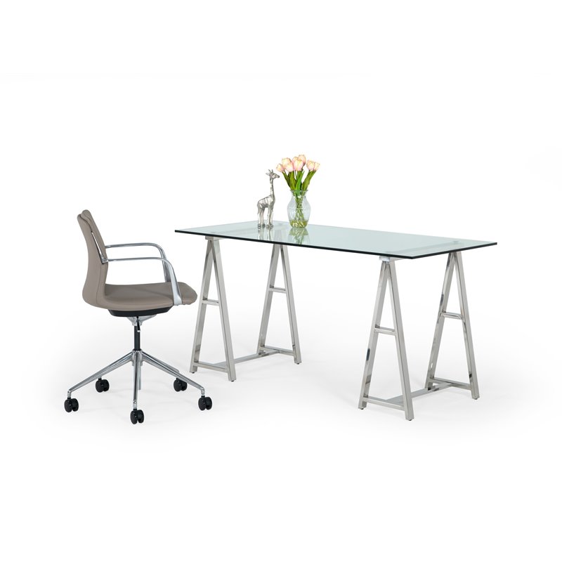Modrest Ostro Modern Glass & Stainless Steel Writing Desk in Silver/Clear