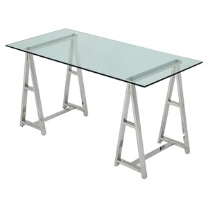 Modrest Ostro Modern Glass & Stainless Steel Writing Desk in Silver/Clear