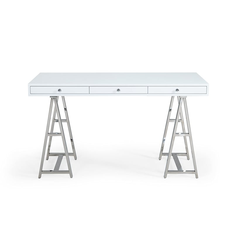 Modrest Ostrow 3-Drawer Rectangular Stainless Steel Writing Desk in White