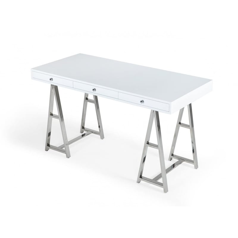 Modrest Ostrow 3-Drawer Rectangular Stainless Steel Writing Desk in White