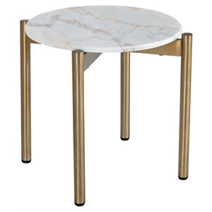 Modrest Denzel Round Marble & Stainless Steel End Table in White/Gold