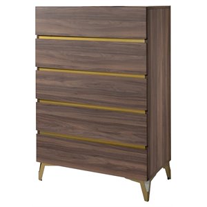 modrest calabria 5-drawer modern wood laminate chest in walnut/antique brass