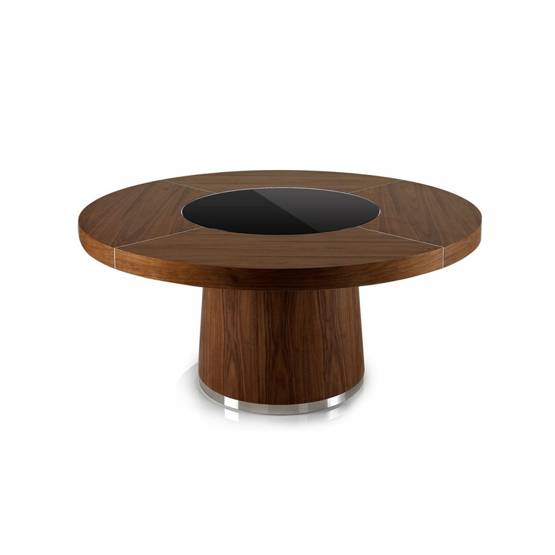 Modrest Houston Round Modern Glass & Wood Veneer Dining Table in Walnut