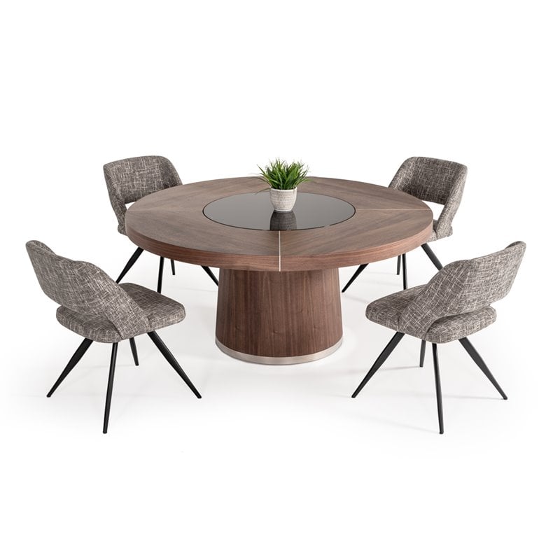 Modrest Houston Round Modern Glass & Wood Veneer Dining Table in Walnut