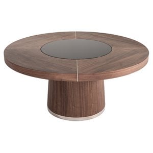 Modrest Houston Round Modern Glass & Wood Veneer Dining Table in Walnut