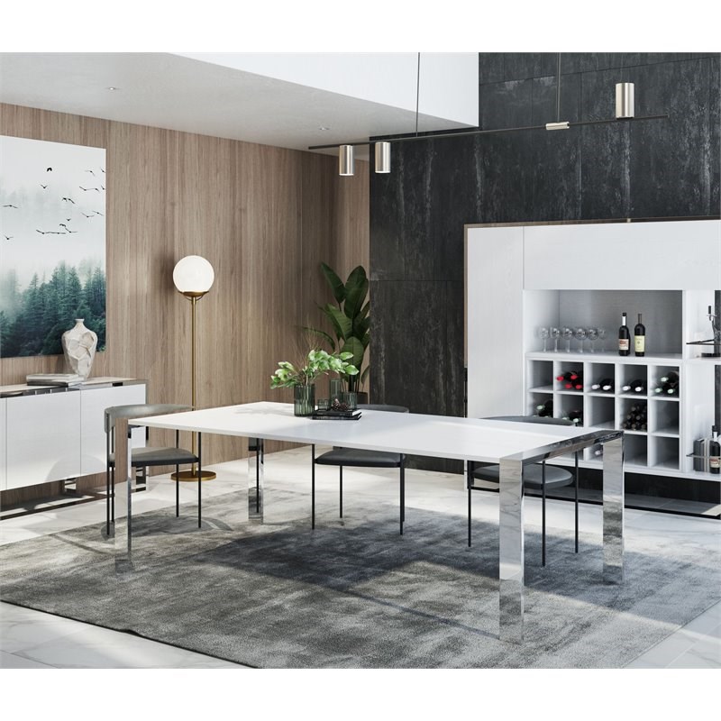 Modrest Fauna Modern Stainless Steel & Wood Dining Table in White