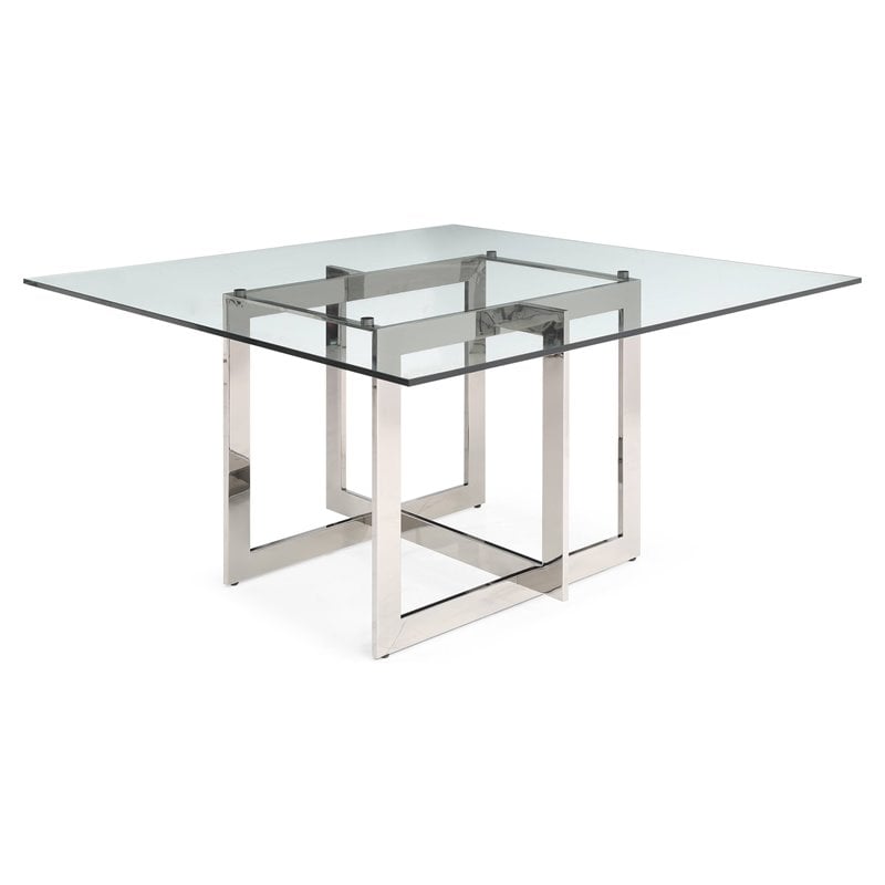 Modrest Keaton Square Modern Stainless Steel & Glass Dining Table - Clear/Chrome