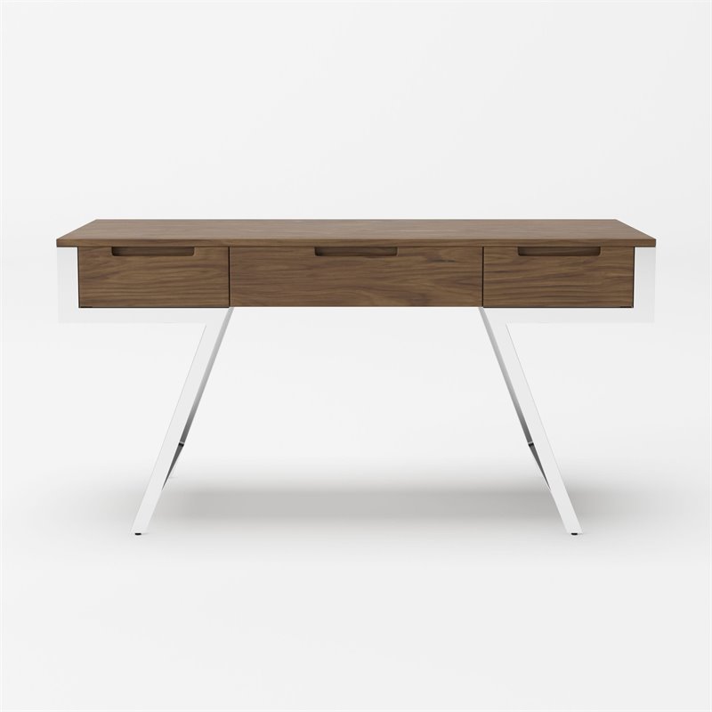Modrest Dessart 3-Drawer Modern Veneer & Stainless Steel Desk in Walnut/Chrome