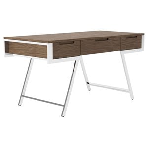 Modrest Dessart 3-Drawer Modern Veneer & Stainless Steel Desk in Walnut/Chrome