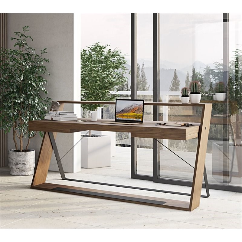 Modrest Carrie Modern MDF Wood & Metal Office Desk in Walnut/Black