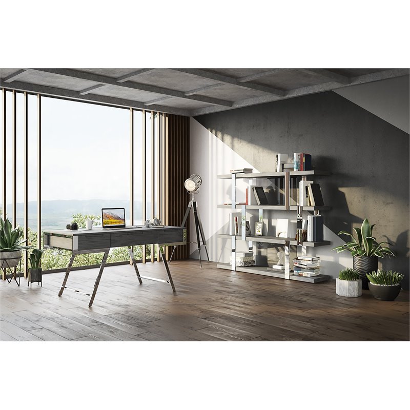 Modrest Dessart 3-Drawer Modern Veneer & Stainless Steel Desk in Elm Gray