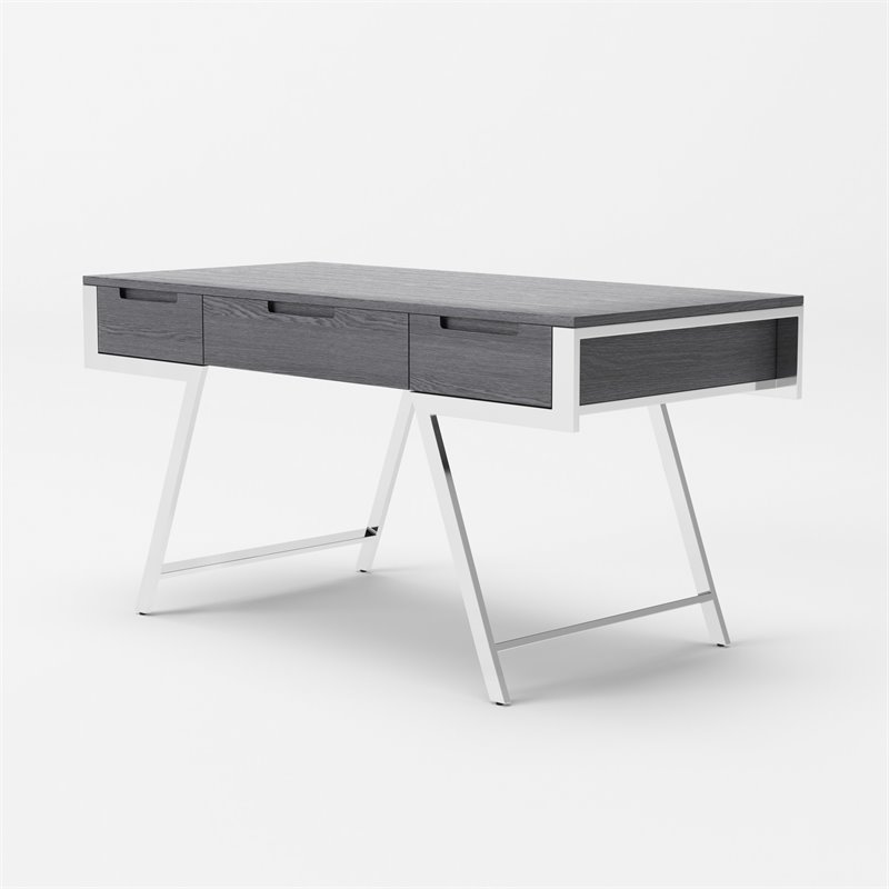 Modrest Dessart 3-Drawer Modern Veneer & Stainless Steel Desk in Elm Gray