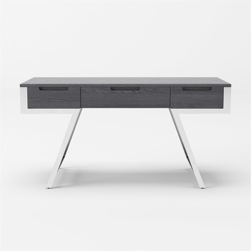 Modrest Dessart 3-Drawer Modern Veneer & Stainless Steel Desk in Elm Gray