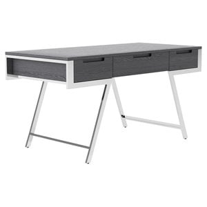 Modrest Dessart 3-Drawer Modern Veneer & Stainless Steel Desk in Elm Gray