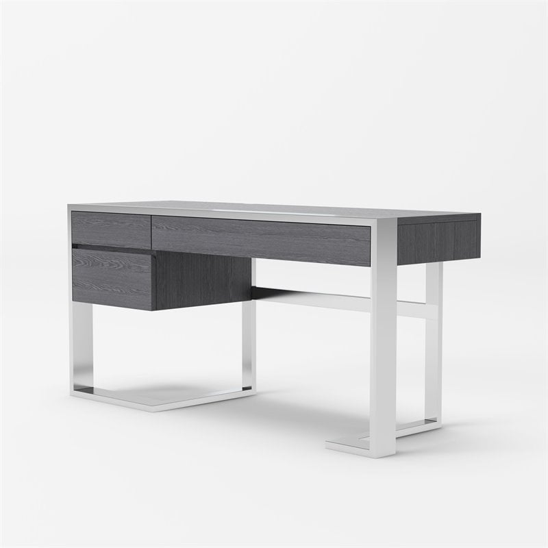 Modrest Fauna 3-Drawer Modern Stainless Steel & MDF Wood Desk in Elm Gray