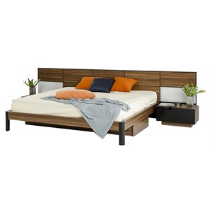 Modrest Rondo 115x85&quot Wood Queen Bed w/ Nightstand Storage & Light in Brown