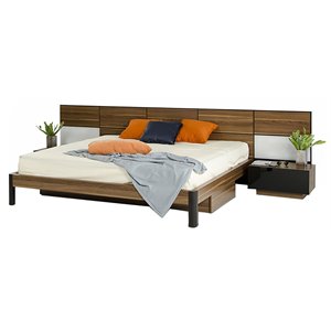 Modrest Rondo 131x85&quot Modern Wood EK Bed w/Nightstand Storage & Light in Brown