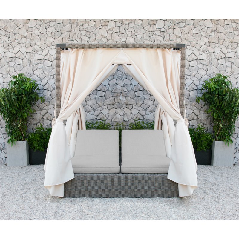 Modrest Marin Rattan Wicker & Fabric Upholstered Canopy Sunbed in Beige