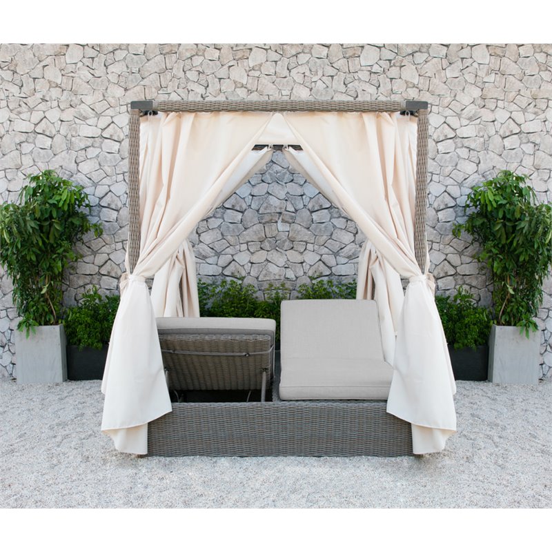 Modrest Marin Rattan Wicker & Fabric Upholstered Canopy Sunbed in Beige