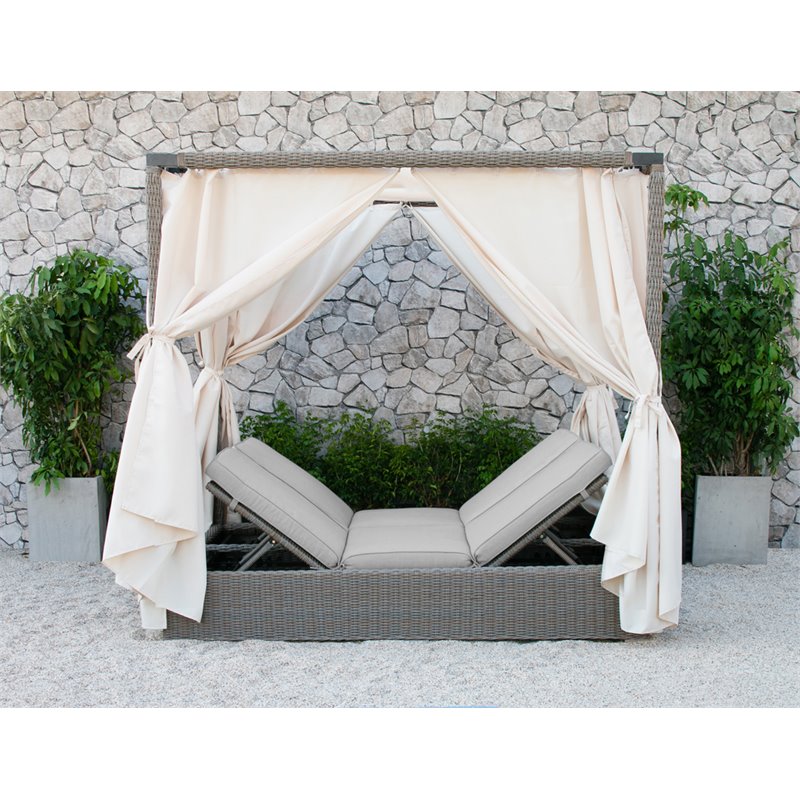 Modrest Marin Rattan Wicker & Fabric Upholstered Canopy Sunbed in Beige