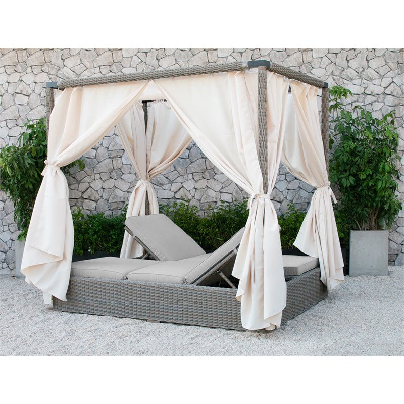 Modrest Marin Rattan Wicker & Fabric Upholstered Canopy Sunbed in Beige
