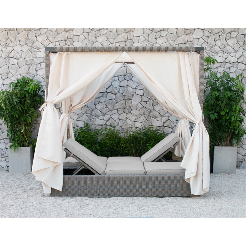 Modrest Marin Rattan Wicker & Fabric Upholstered Canopy Sunbed in Beige