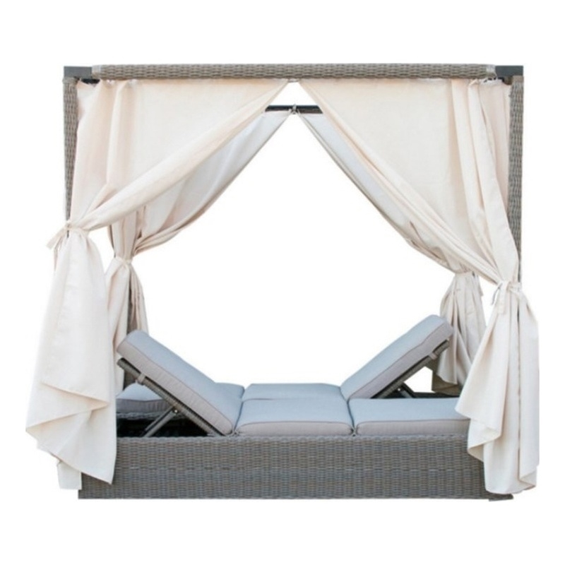 Modrest Marin Rattan Wicker & Fabric Upholstered Canopy Sunbed in Beige