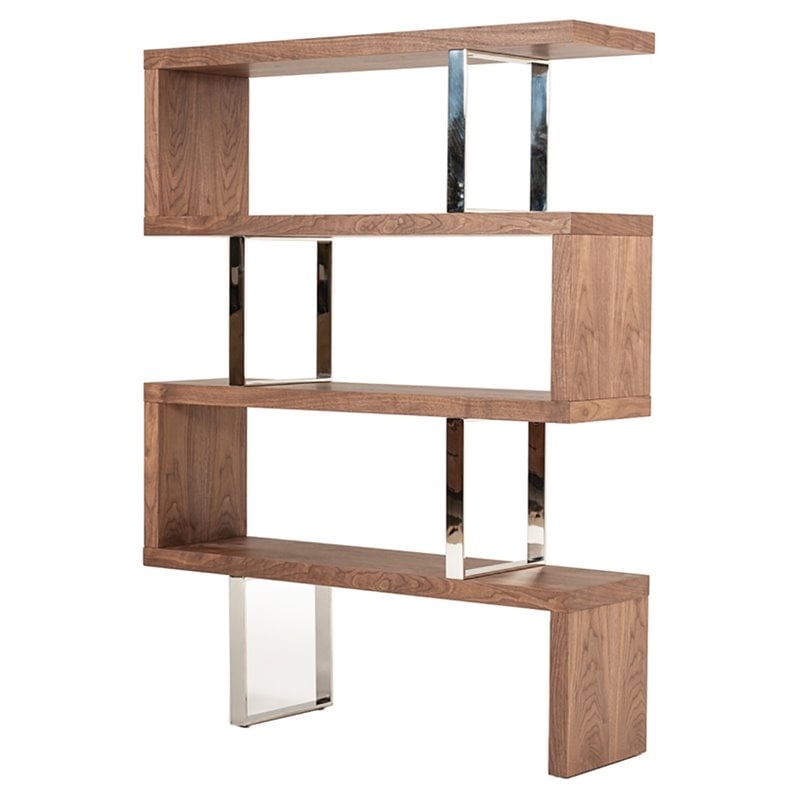 Modrest Maze Modern Wood & Stainless Steel Bookcase in Walnut Finish