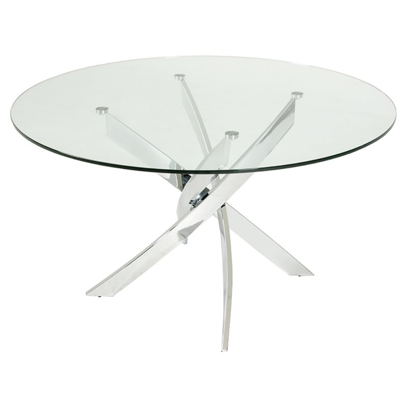 Modrest Pyrite Round Modern Metal & Glass Dining Table in Silver/Clear
