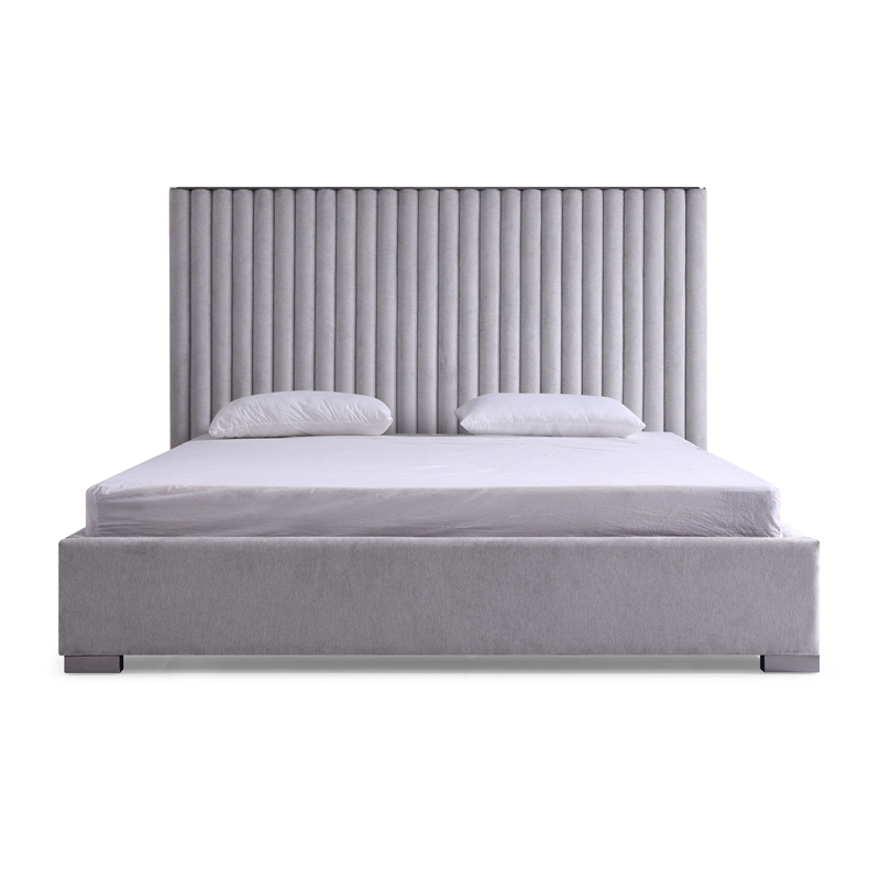 Modrest Splendor Linen Upholstered King Platform Bed in Silver and Gray