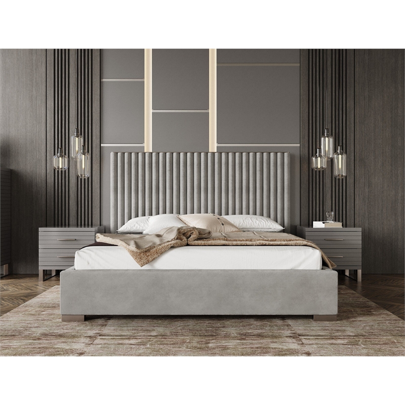 Modrest Splendor Linen Upholstered King Platform Bed in Silver and Gray