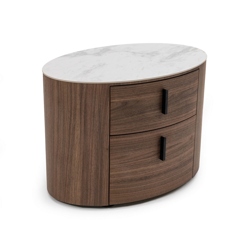 Modrest Chelton Contemporary White Ceramic & Walnut Oval Nightstand