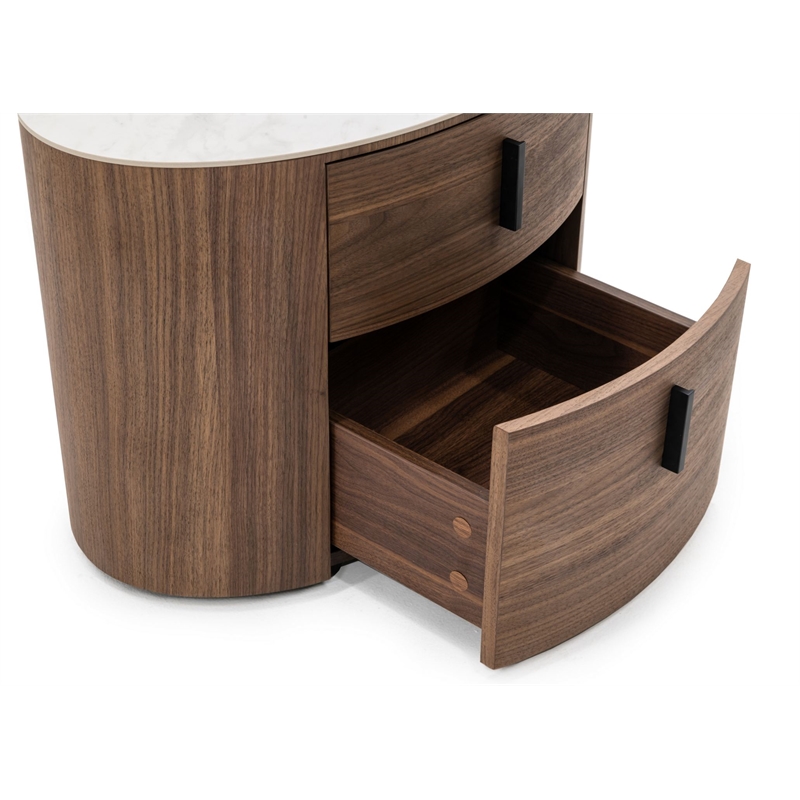 Modrest Chelton Contemporary White Ceramic & Walnut Oval Nightstand