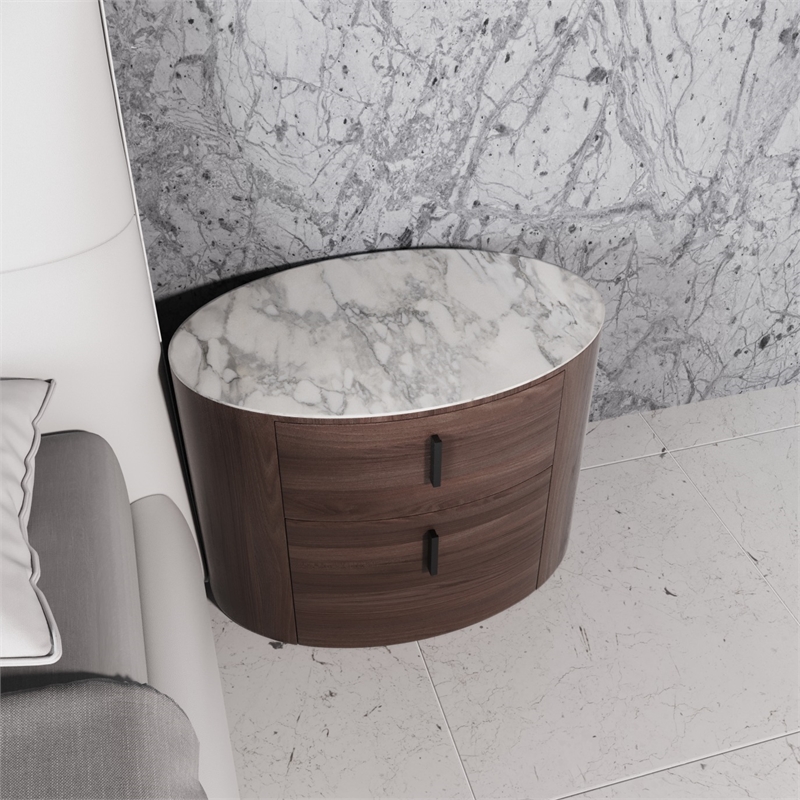 Modrest Chelton Contemporary White Ceramic & Walnut Oval Nightstand