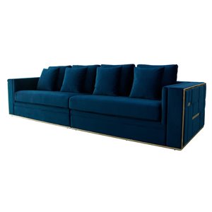 Divani Casa Mobray Velvet Fabric & Stainless Steel Sofa in Blue/Gold