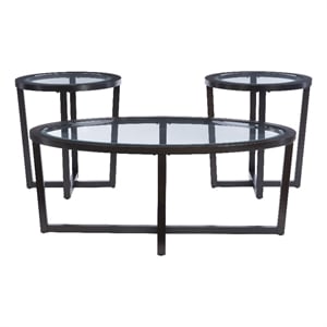 hoesphere furniture 3-piece wood coffee & end table set with glass top in brown