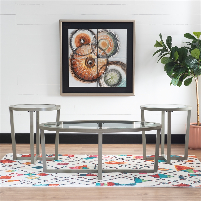 Hoesphere Furniture 3-Piece Wood Coffee & End Table Set with Glass Top in Silver