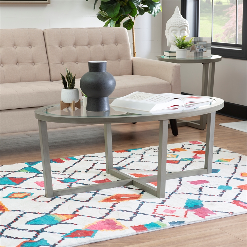 Hoesphere Furniture 3-Piece Wood Coffee & End Table Set with Glass Top in Silver