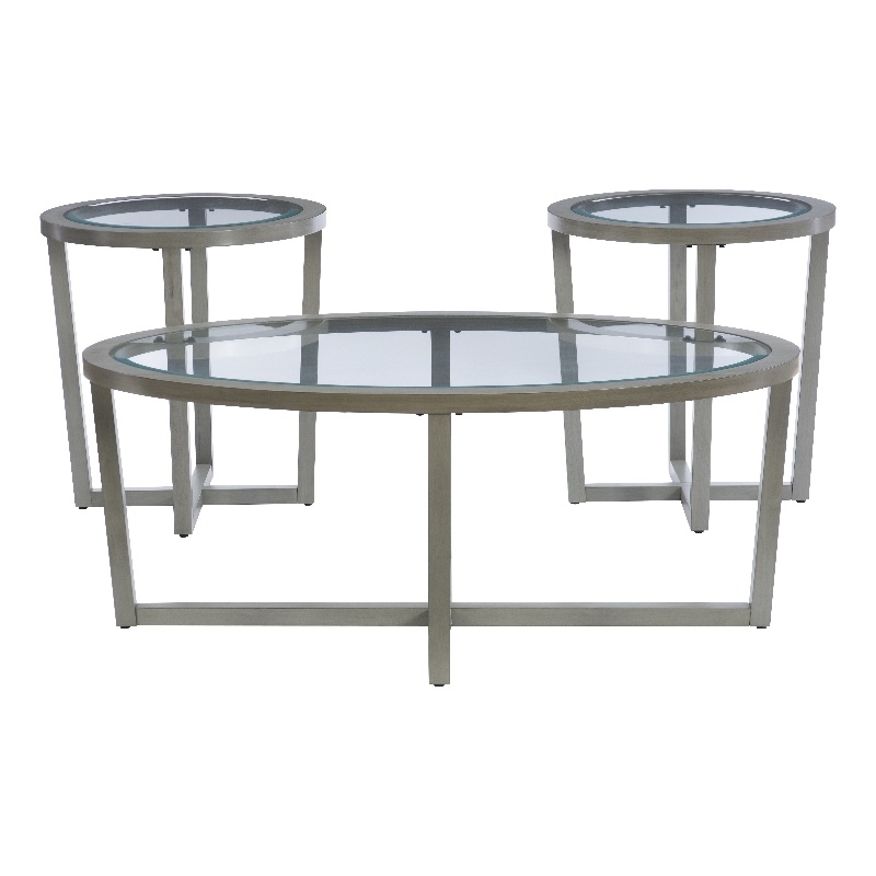 Hoesphere Furniture 3-Piece Wood Coffee & End Table Set with Glass Top in Silver
