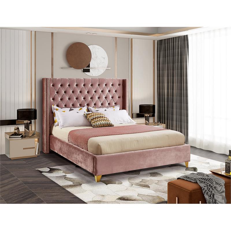Homesphere Furniture Contemporary Pink Finish Velvet Queen Bed