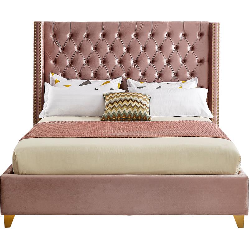 Homesphere Furniture Contemporary Pink Finish Velvet Queen Bed