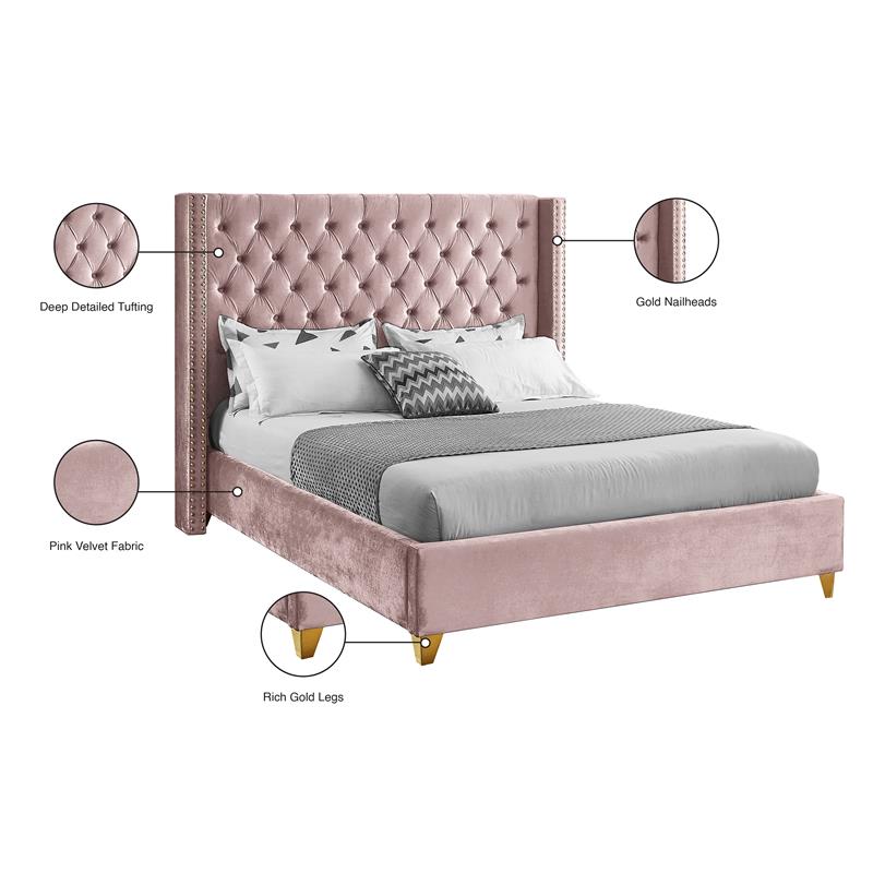 Homesphere Furniture Contemporary Pink Finish Velvet Queen Bed