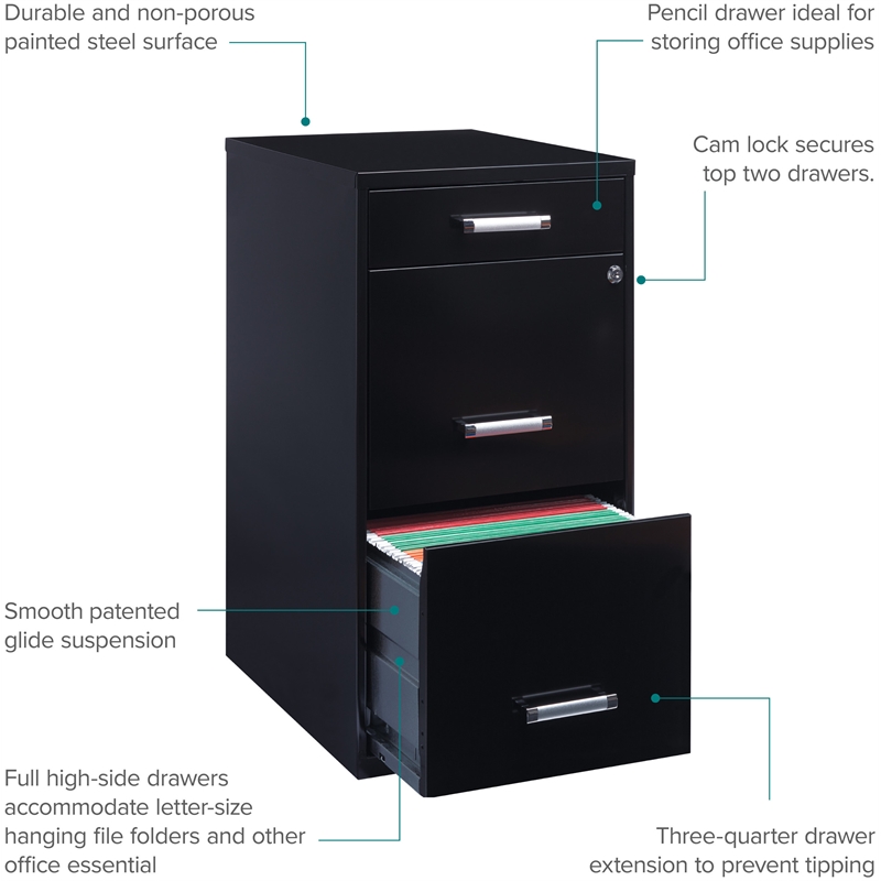 Homesphere Furniture 3 Drawer Metal File Cabinet with Pencil Drawer Black