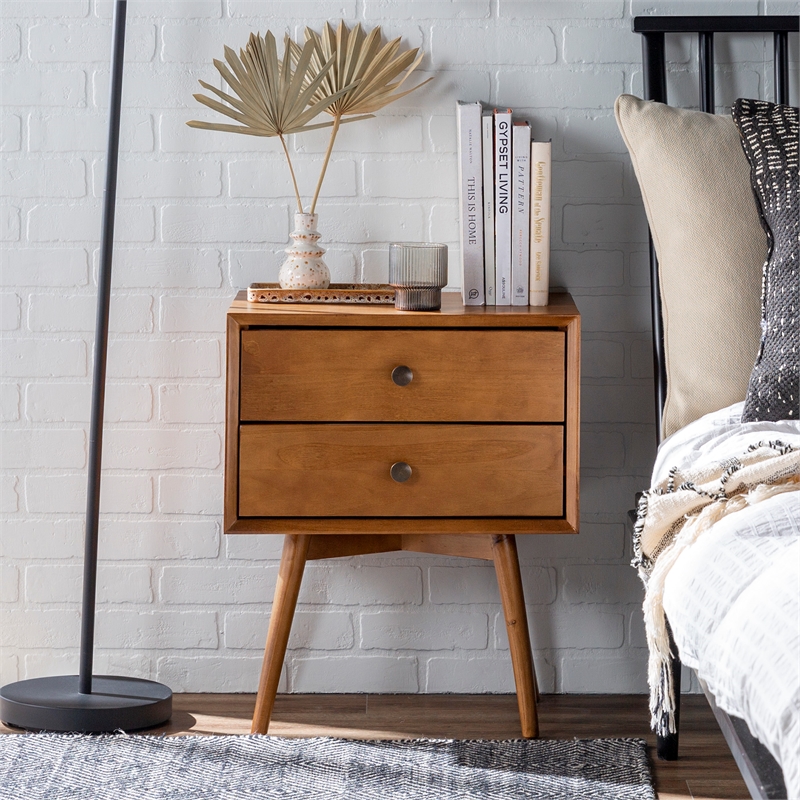 Homesphere Furniture Mid-Century 2 Drawer Solid Wood Nightstand in Caramel