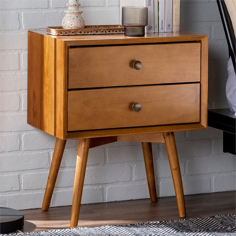 Homesphere Furniture Mid-Century 2 Drawer Solid Wood Nightstand in Caramel