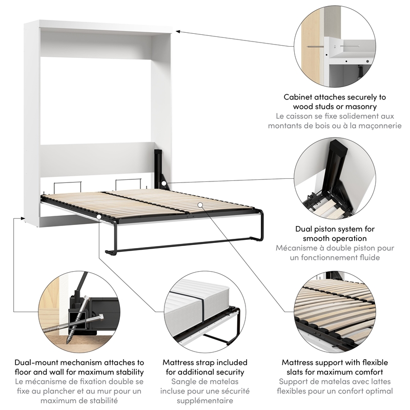 Homesphere Furniture 65W Transitional Engineered Wood Queen Wall Bed in White