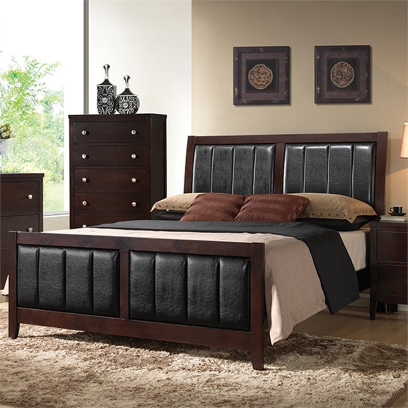 Homesphere Furniture Faux Leather Easter King Panel Bed in Black and Cappuccino