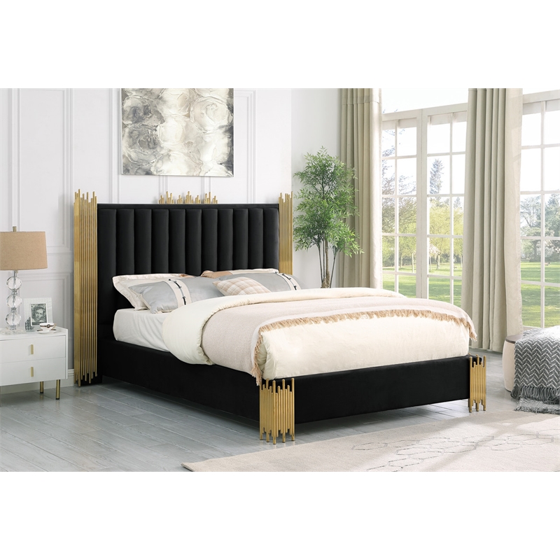 Homesphere Furniture Black Velvet Platform Bed in Queen Size