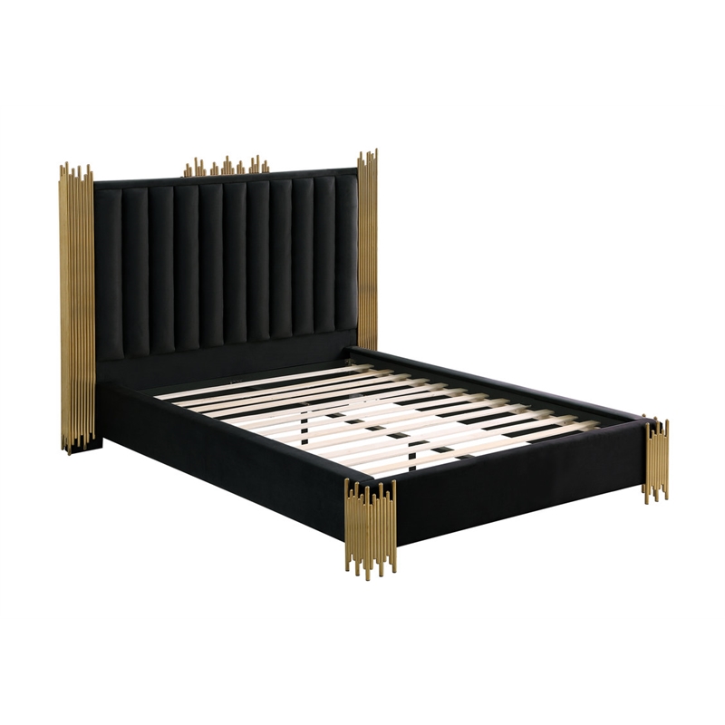 Homesphere Furniture Black Velvet Platform Bed in Queen Size