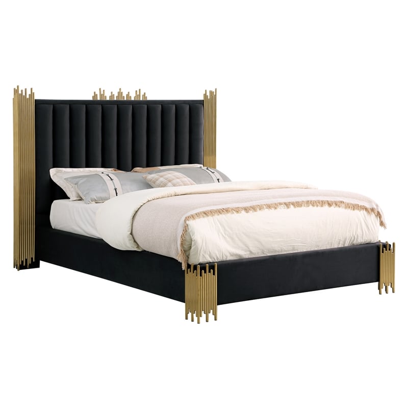 Homesphere Furniture Black Velvet Platform Bed in Queen Size
